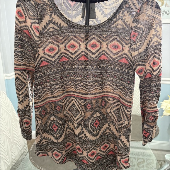 New Directions Aztec Long Sleeve Top - Black, Pink, Tan - Picture 1 of 2